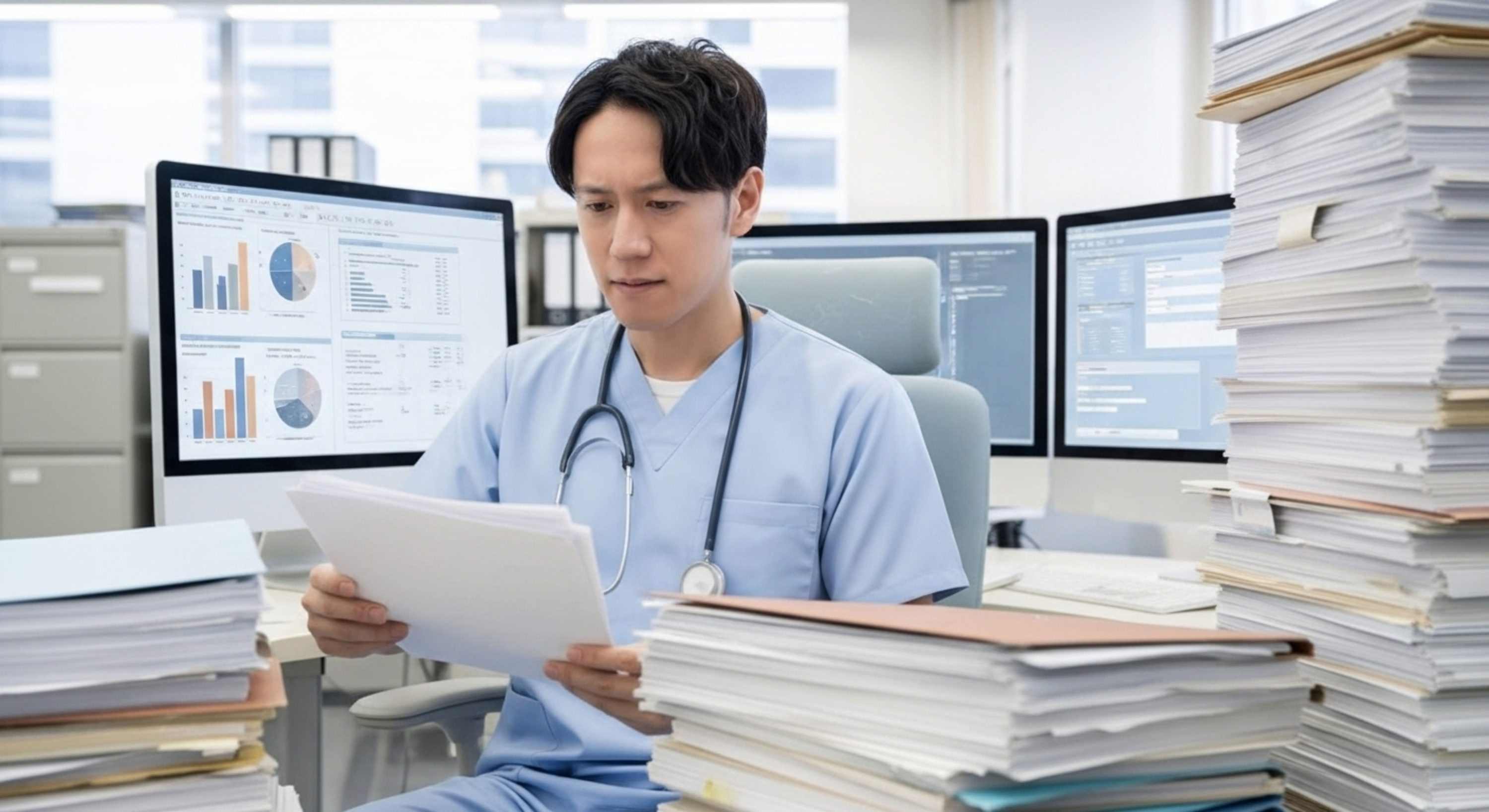 書類作業に追われる介護現場の様子